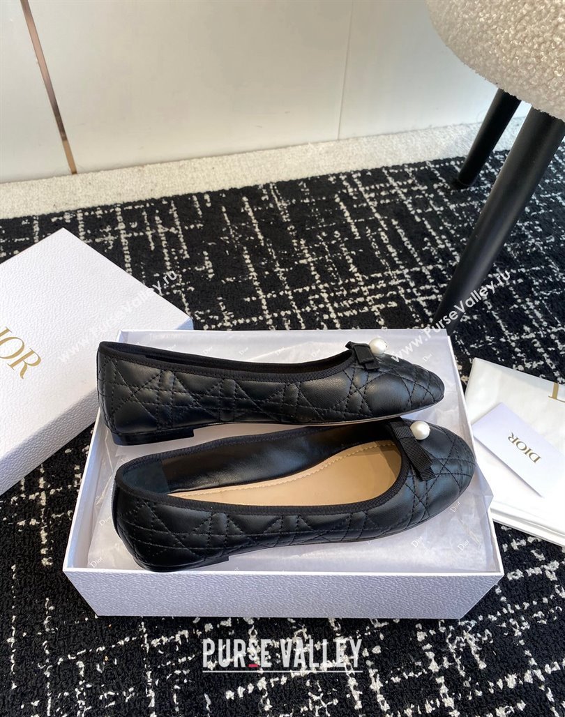 Dior Ballet Flat in Quilted Cannage Calfskin with Pearl Bow Black 2023 (SS-231202033)