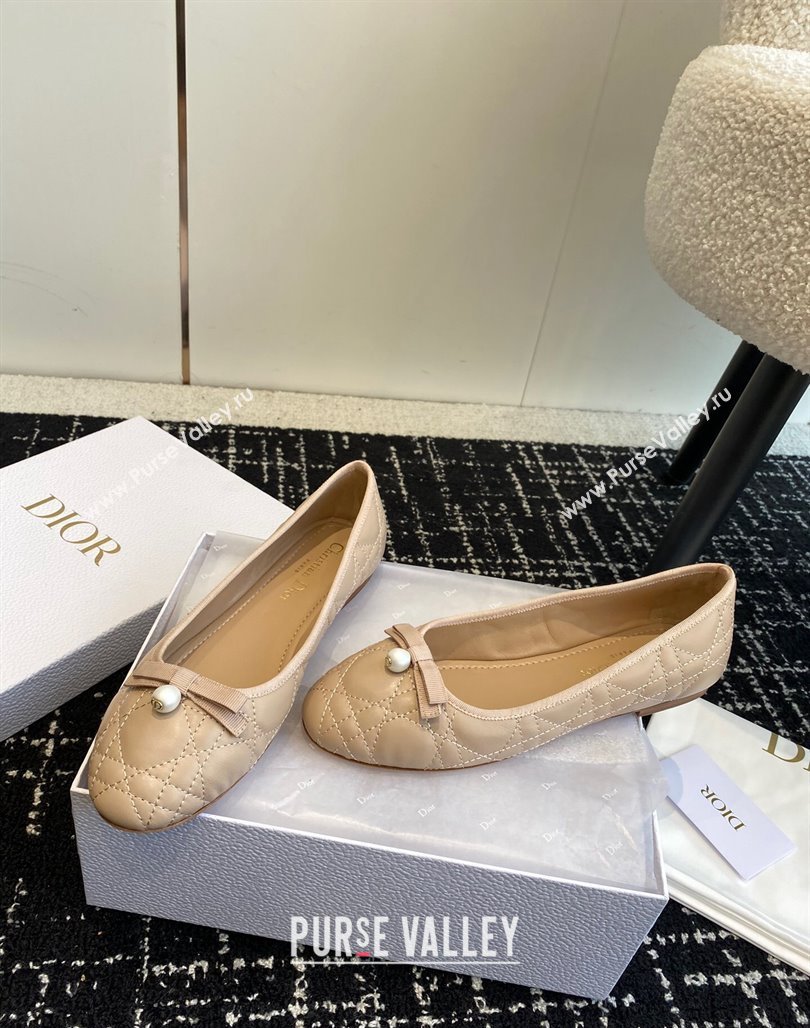 Dior Ballet Flat in Quilted Cannage Calfskin with Pearl Bow Nude 2023 (SS-231202036)