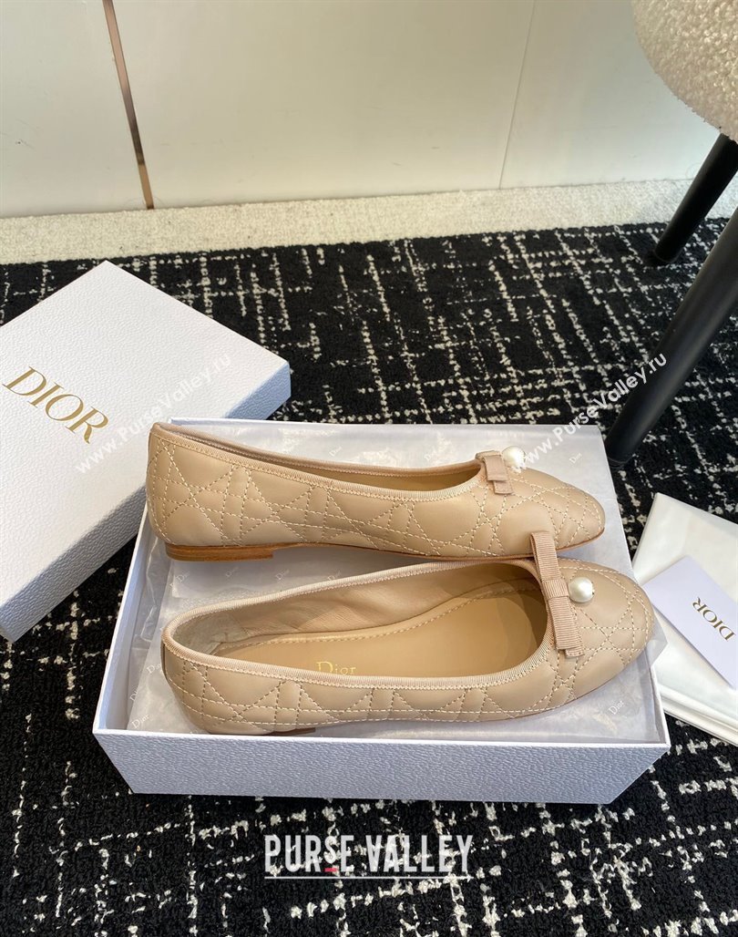 Dior Ballet Flat in Quilted Cannage Calfskin with Pearl Bow Nude 2023 (SS-231202036)