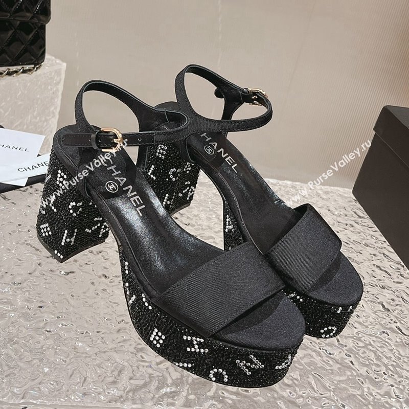 Chanel Grosgrain Crystals Platform Sandals 9cm G45365 Black 2023 (MD-231201001)