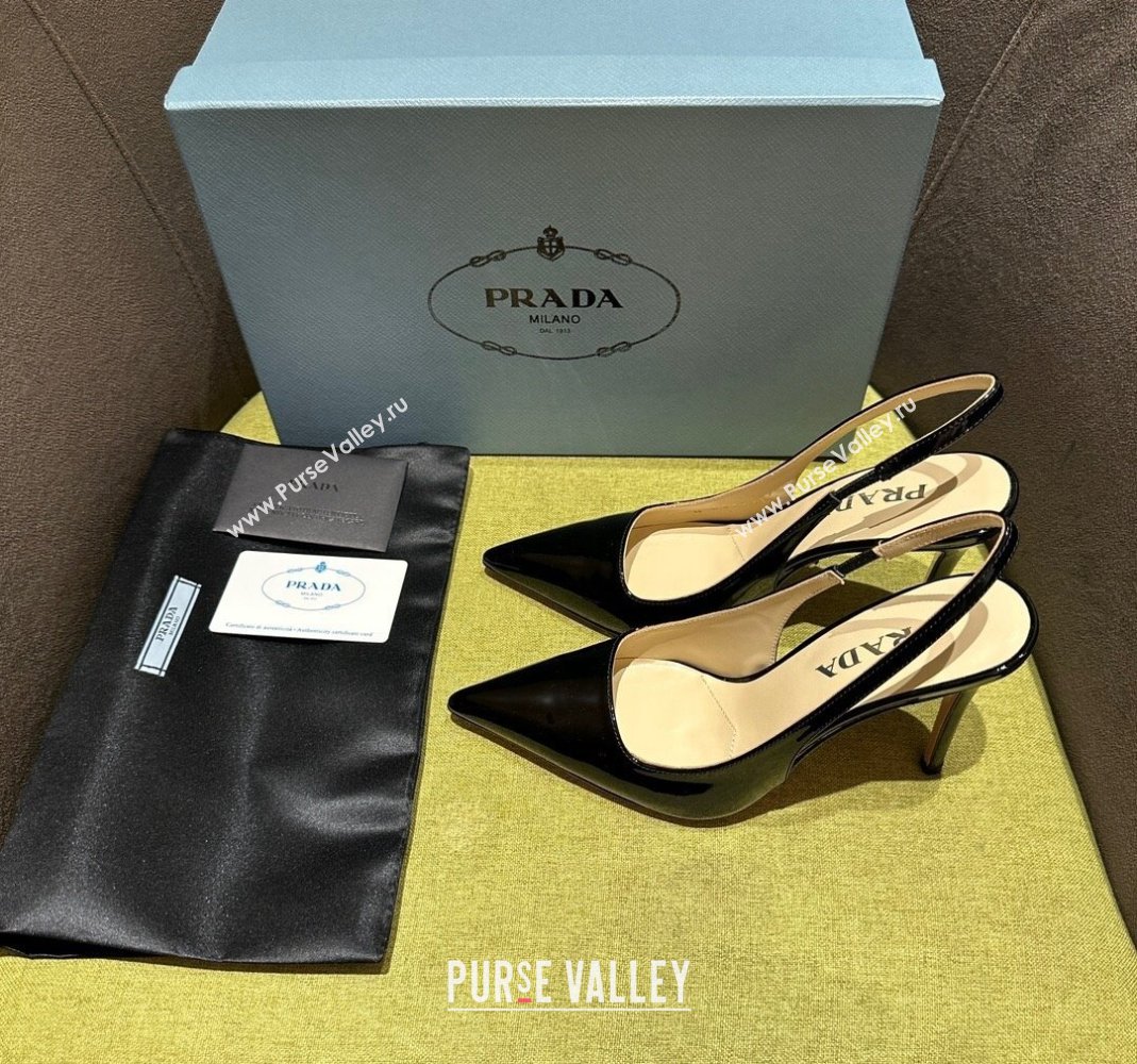 Prada Patent-leather slingback pumps 9cm with Back Logo Black 2023 PR120203 (MD-231202050)