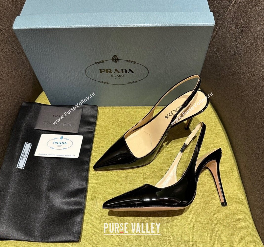 Prada Patent-leather slingback pumps 9cm with Back Logo Black 2023 PR120203 (MD-231202050)