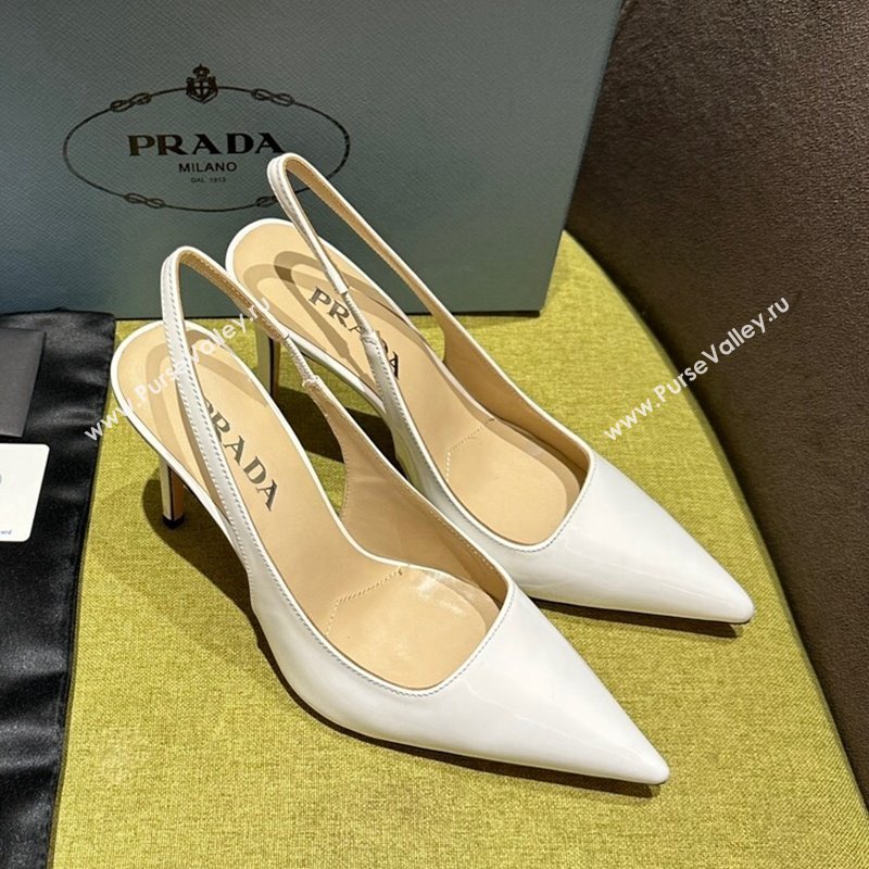 Prada Patent-leather slingback pumps 9cm with Back Logo Optic White 2023 PR120203 (MD-231202052)