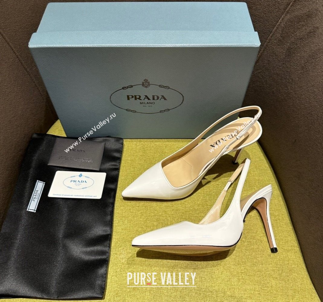 Prada Patent-leather slingback pumps 9cm with Back Logo Optic White 2023 PR120203 (MD-231202052)