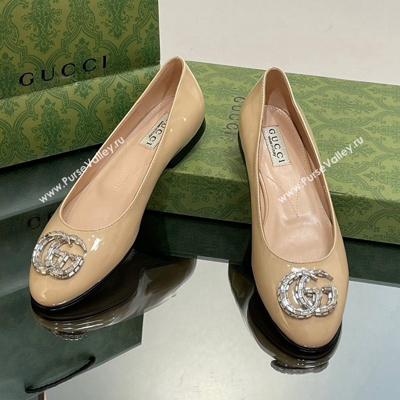 Gucci Ballet Flat with Crystals Double G in Patent Leather Apricot 2023 1204 (MD-231204096)