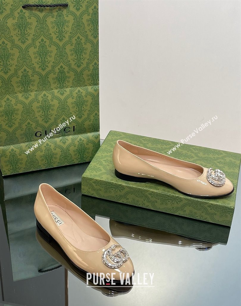 Gucci Ballet Flat with Crystals Double G in Patent Leather Apricot 2023 1204 (MD-231204096)