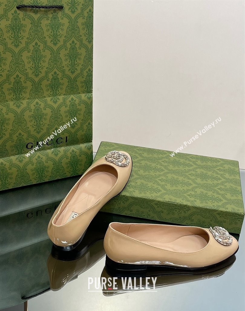 Gucci Ballet Flat with Crystals Double G in Patent Leather Apricot 2023 1204 (MD-231204096)