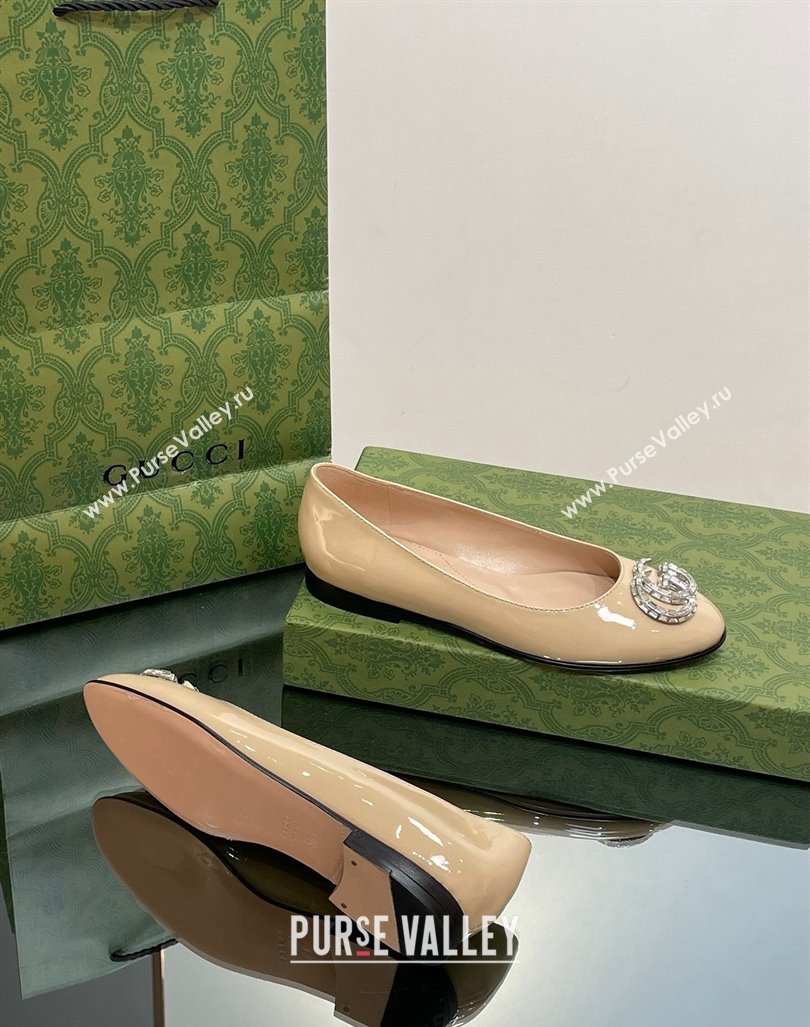 Gucci Ballet Flat with Crystals Double G in Patent Leather Apricot 2023 1204 (MD-231204096)