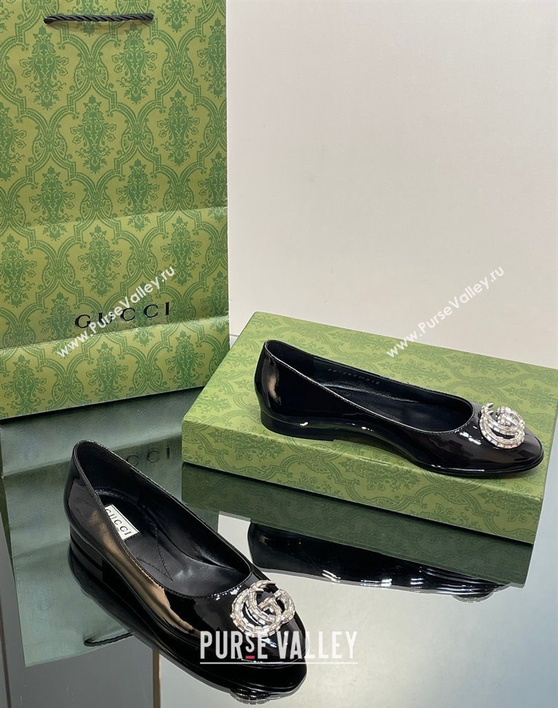 Gucci Ballet Flat with Crystals Double G in Patent Leather Black 2023 1204 (MD-231204098)