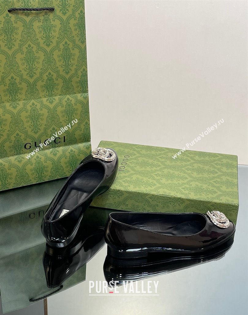 Gucci Ballet Flat with Crystals Double G in Patent Leather Black 2023 1204 (MD-231204098)