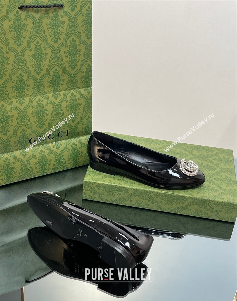 Gucci Ballet Flat with Crystals Double G in Patent Leather Black 2023 1204 (MD-231204098)