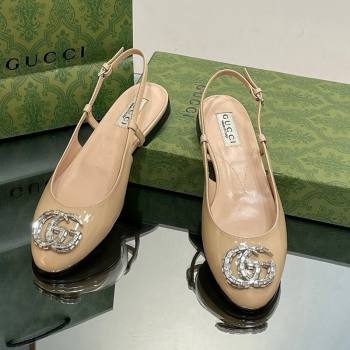 Gucci Slingback Ballet Flat with Crystals Double G in Patent Leather Apricot 2023 (MD-231204099)