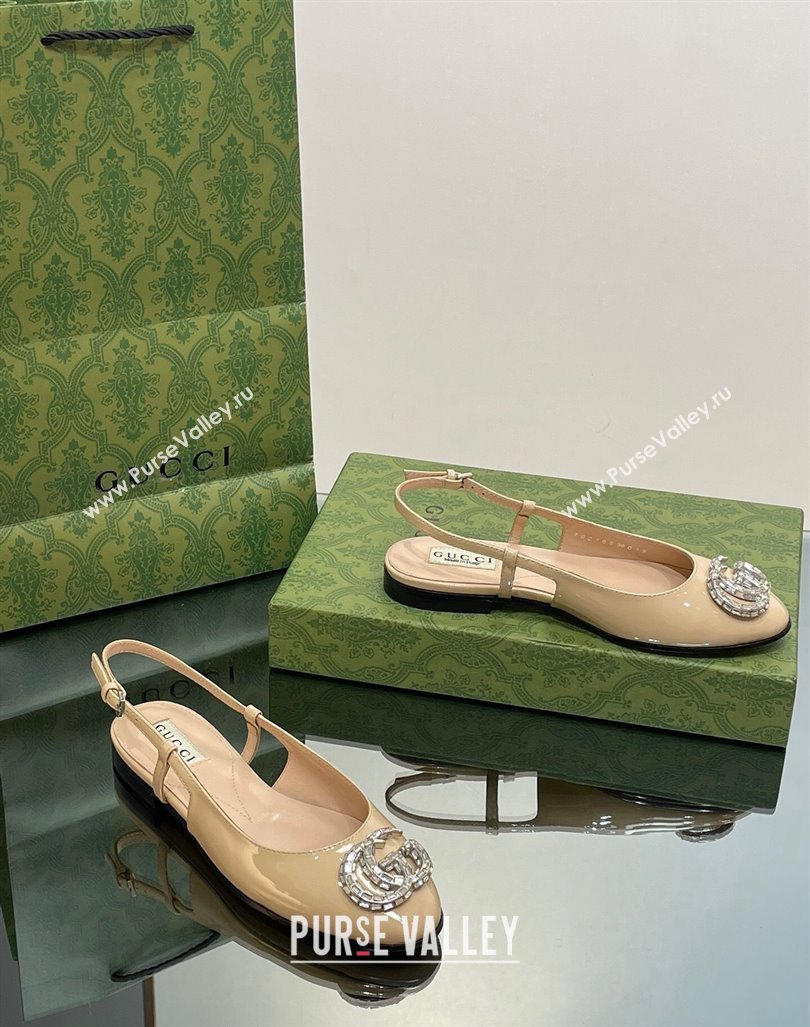 Gucci Slingback Ballet Flat with Crystals Double G in Patent Leather Apricot 2023 (MD-231204099)