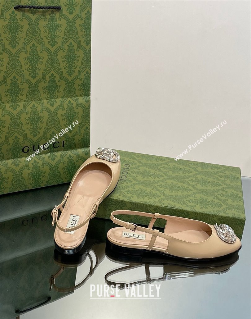 Gucci Slingback Ballet Flat with Crystals Double G in Patent Leather Apricot 2023 (MD-231204099)