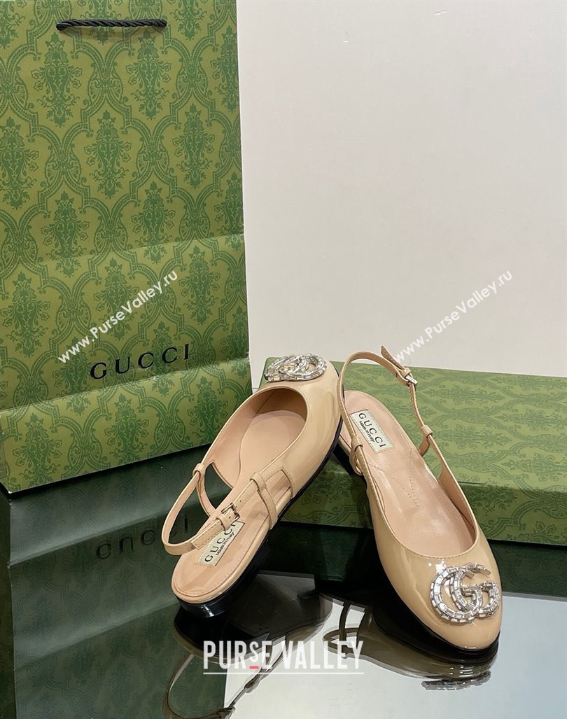 Gucci Slingback Ballet Flat with Crystals Double G in Patent Leather Apricot 2023 (MD-231204099)