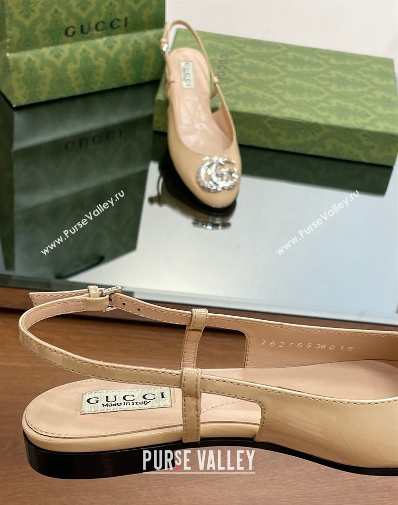 Gucci Slingback Ballet Flat with Crystals Double G in Patent Leather Apricot 2023 (MD-231204099)