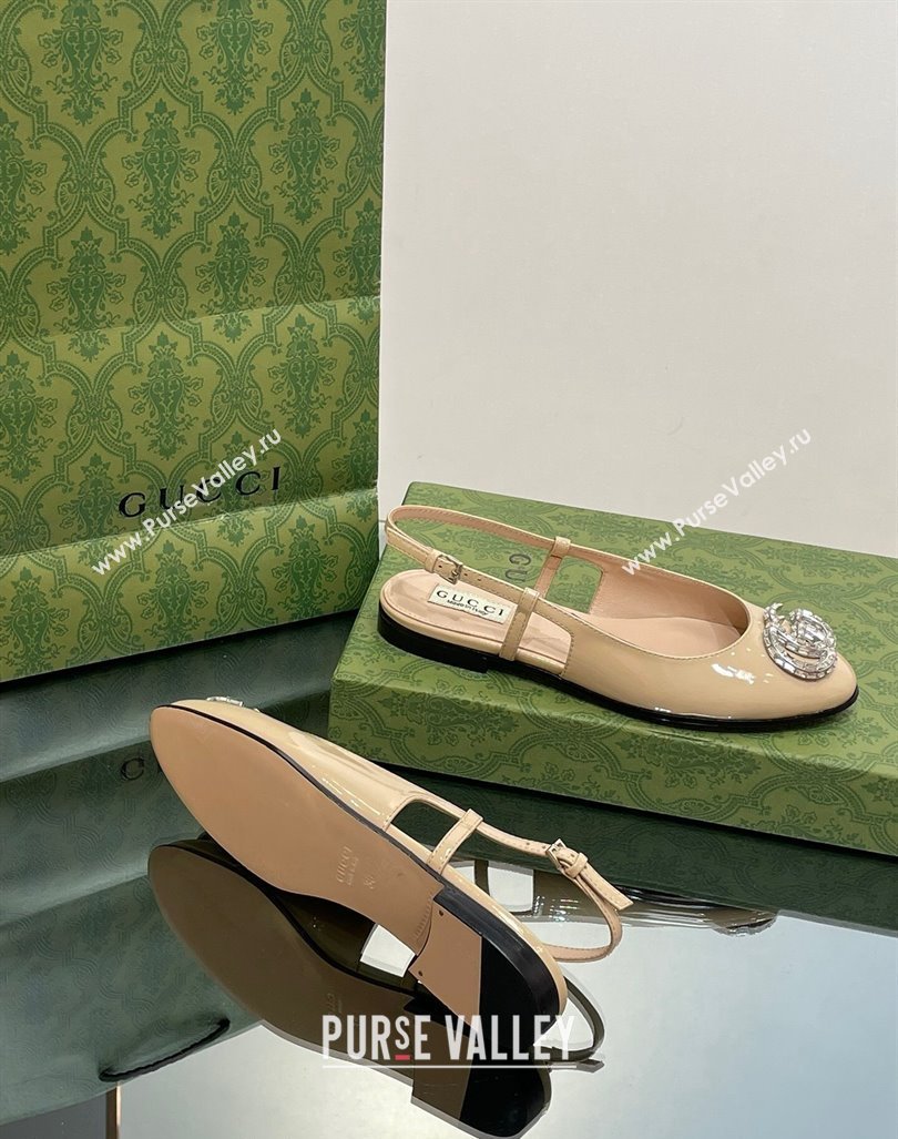 Gucci Slingback Ballet Flat with Crystals Double G in Patent Leather Apricot 2023 (MD-231204099)