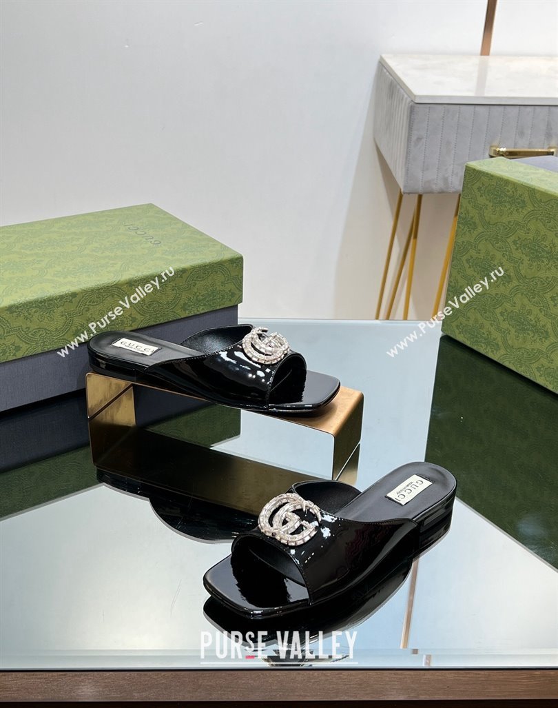 Gucci Flat Slide Sandals with Crystals Double G in Patent Leather Black 2023 771586 (MD-231204101)