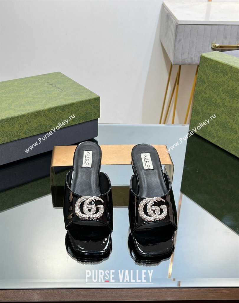 Gucci Flat Slide Sandals with Crystals Double G in Patent Leather Black 2023 771586 (MD-231204101)