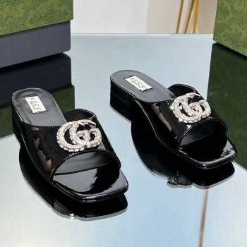 Gucci Flat Slide Sandals with Crystals Double G in Patent Leather Black 2023 771586 (MD-231204101)