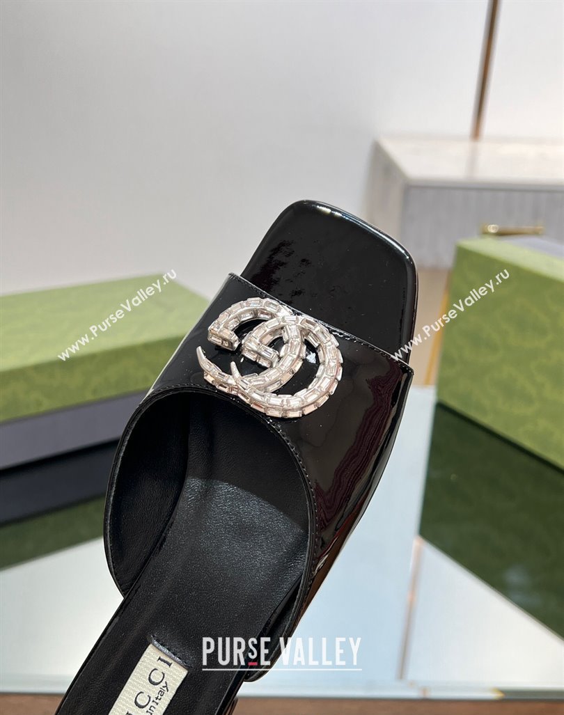 Gucci Flat Slide Sandals with Crystals Double G in Patent Leather Black 2023 771586 (MD-231204101)