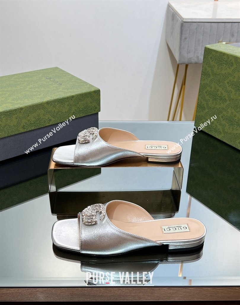 Gucci Flat Slide Sandals with Crystals Double G in Patent Leather Silver 2023 771586 (MD-231204104)