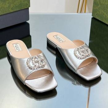 Gucci Flat Slide Sandals with Crystals Double G in Patent Leather Silver 2023 771586 (MD-231204104)