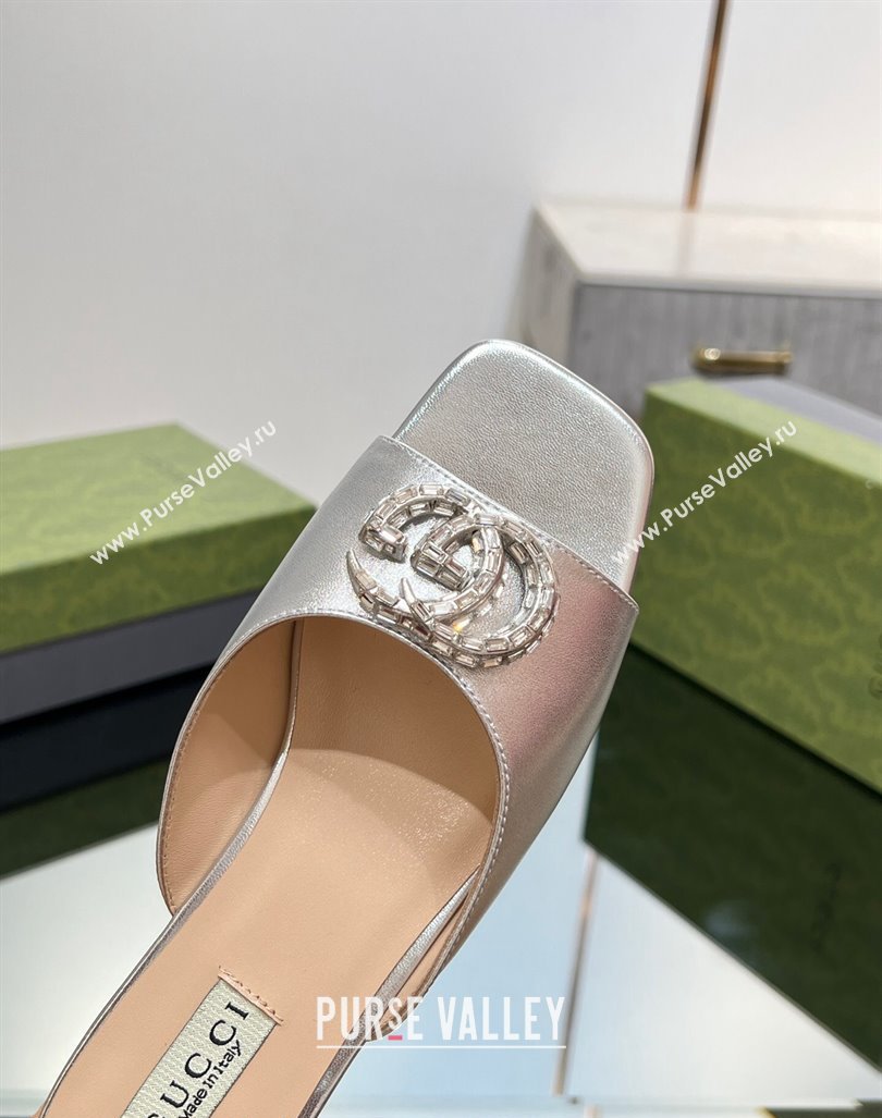 Gucci Flat Slide Sandals with Crystals Double G in Patent Leather Silver 2023 771586 (MD-231204104)