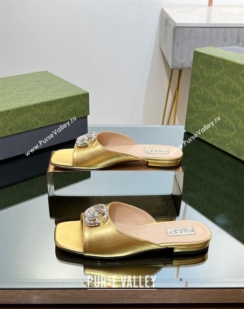 Gucci Flat Slide Sandals with Crystals Double G in Patent Leather Gold 2023 771586 (MD-231204105)