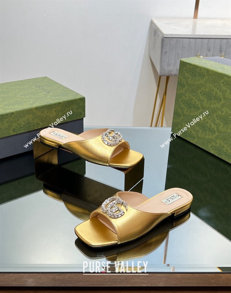 Gucci Flat Slide Sandals with Crystals Double G in Patent Leather Gold 2023 771586 (MD-231204105)