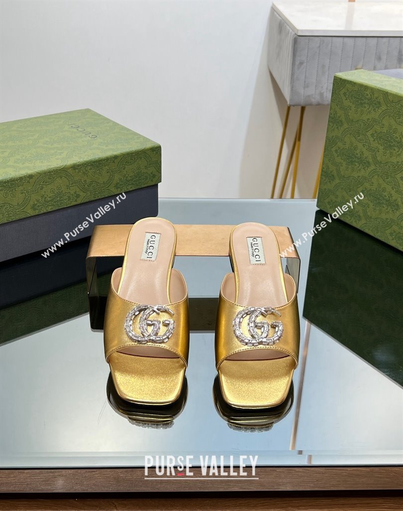 Gucci Flat Slide Sandals with Crystals Double G in Patent Leather Gold 2023 771586 (MD-231204105)