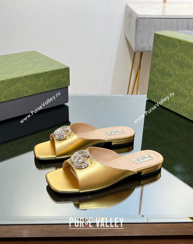 Gucci Flat Slide Sandals with Crystals Double G in Patent Leather Gold 2023 771586 (MD-231204105)