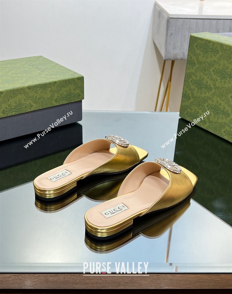 Gucci Flat Slide Sandals with Crystals Double G in Patent Leather Gold 2023 771586 (MD-231204105)