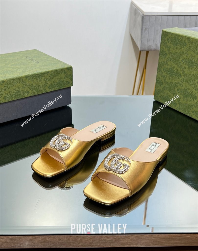 Gucci Flat Slide Sandals with Crystals Double G in Patent Leather Gold 2023 771586 (MD-231204105)