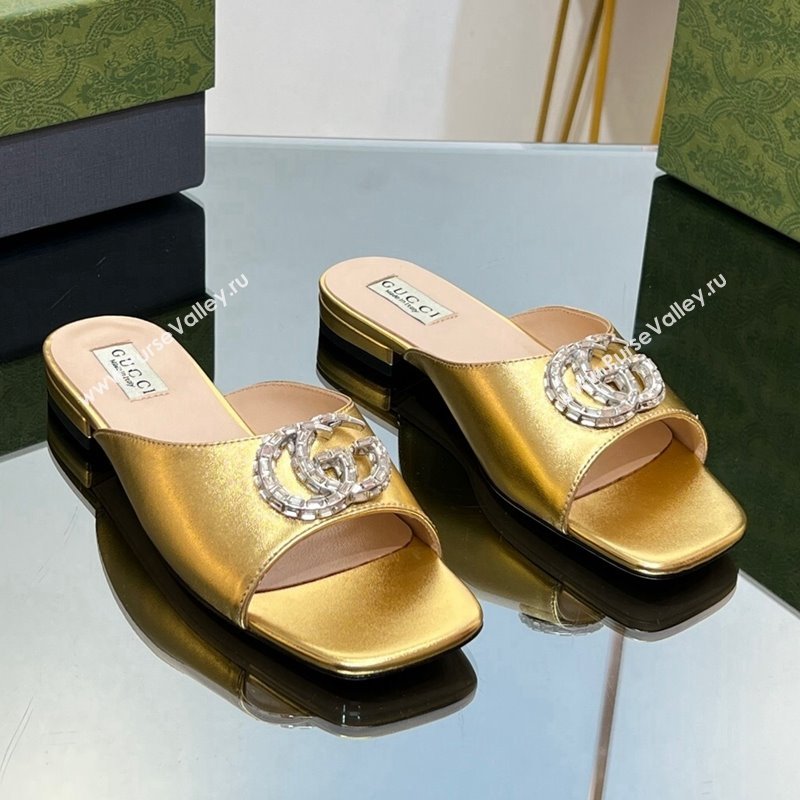 Gucci Flat Slide Sandals with Crystals Double G in Patent Leather Gold 2023 771586 (MD-231204105)