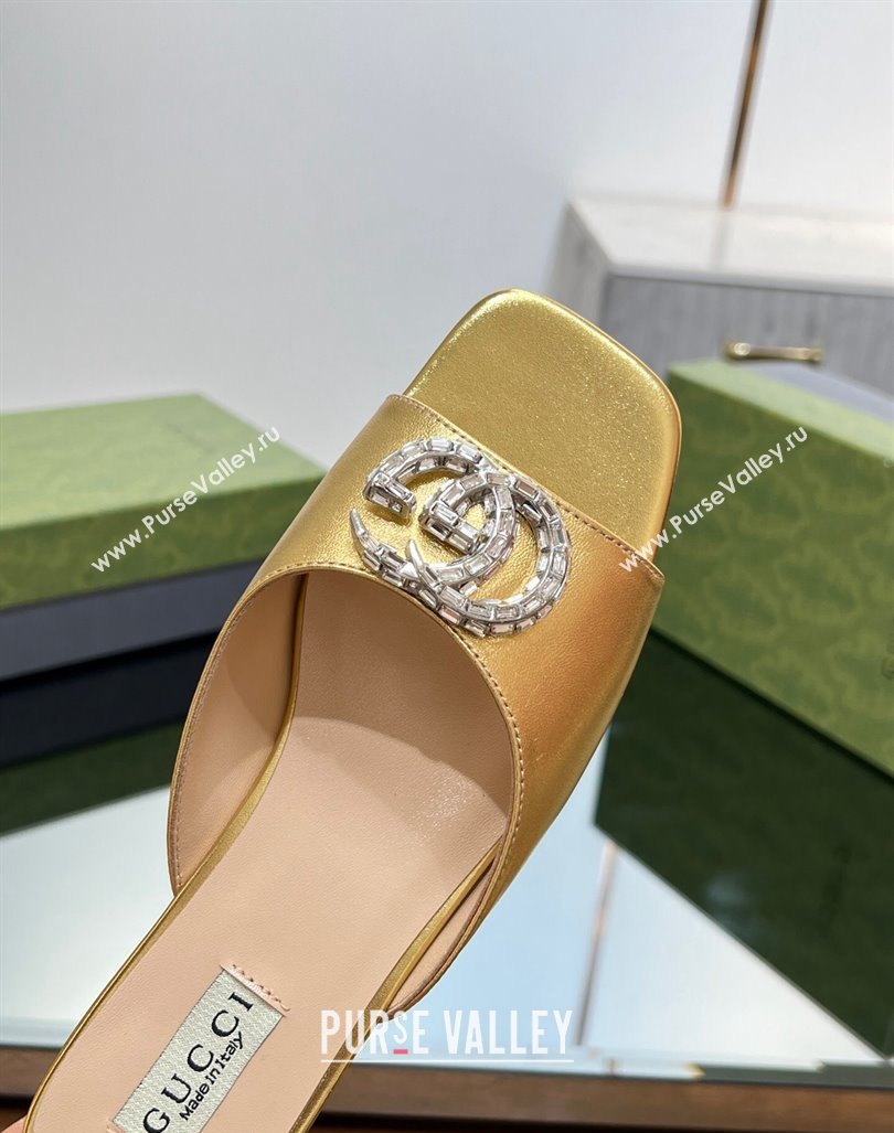 Gucci Flat Slide Sandals with Crystals Double G in Patent Leather Gold 2023 771586 (MD-231204105)