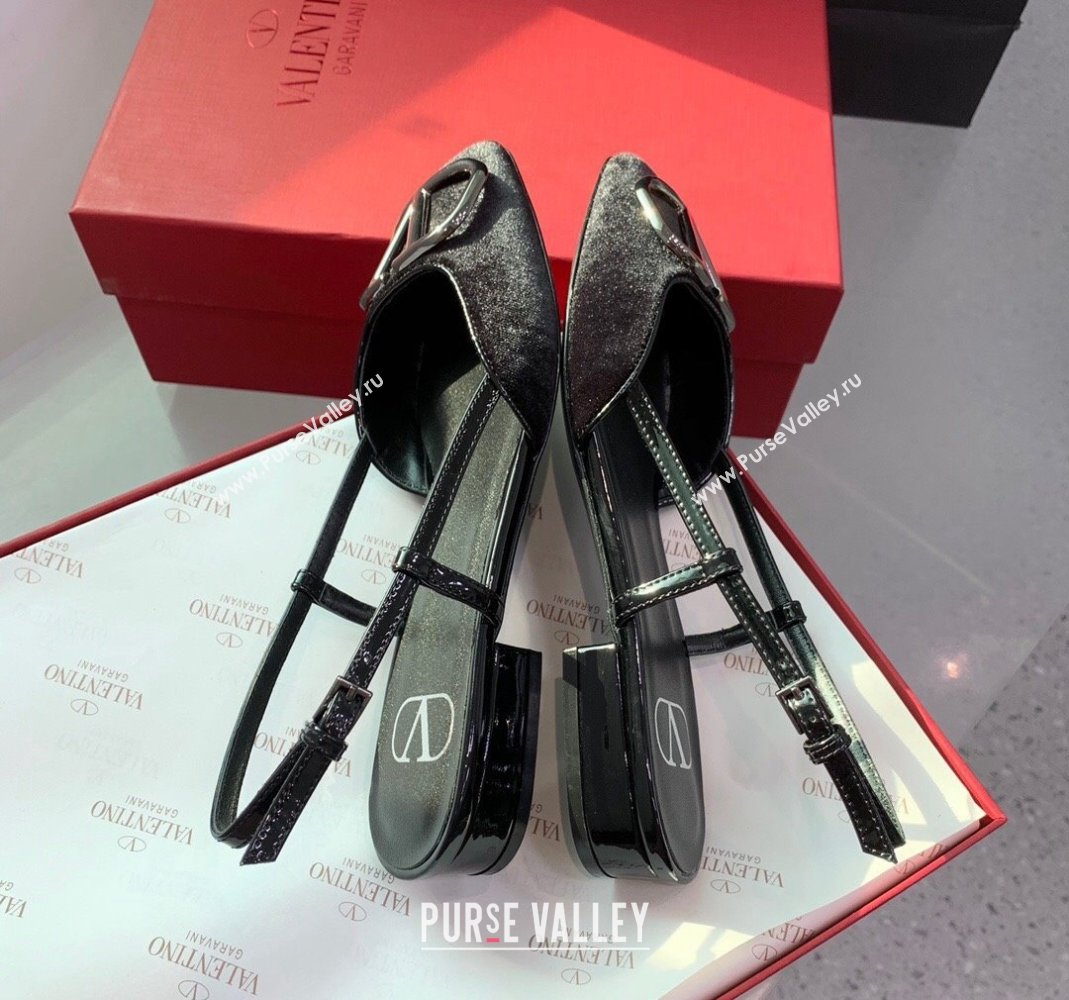 Valentino Metal-Tone VLogo Leather Slingback Sandals Black/Silver 2023 VLTN121403 (KER-231214132)