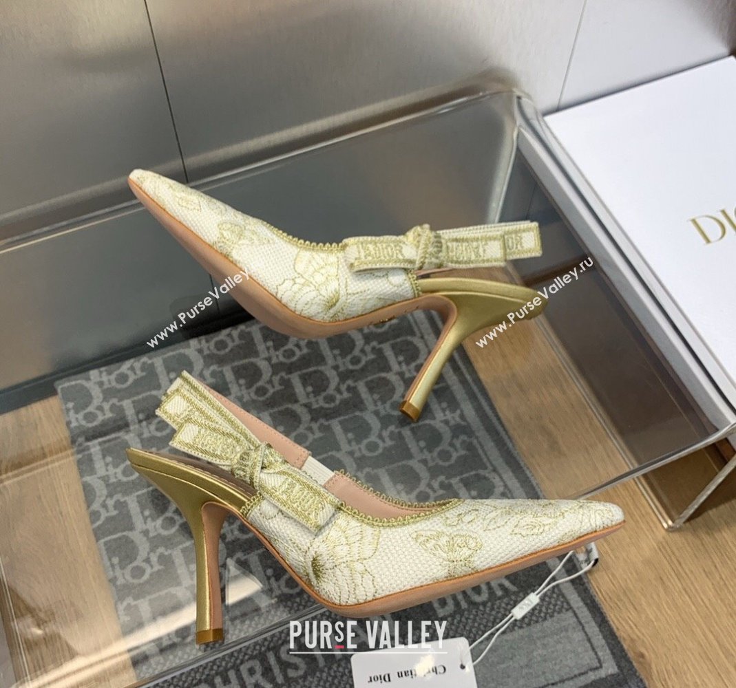 Dior JAdior Slingback Pumps 9.5cm in White and Gold-Tone Toile de Jouy Mexico Embroidered Cotton with Metallic Thread 2023 (JC-2