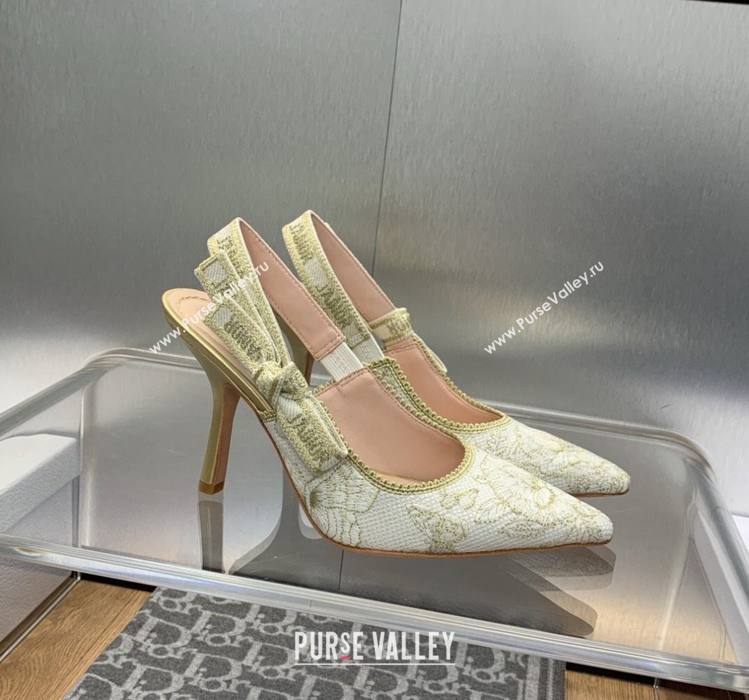 Dior JAdior Slingback Pumps 9.5cm in White and Gold-Tone Toile de Jouy Mexico Embroidered Cotton with Metallic Thread 2023 (JC-2