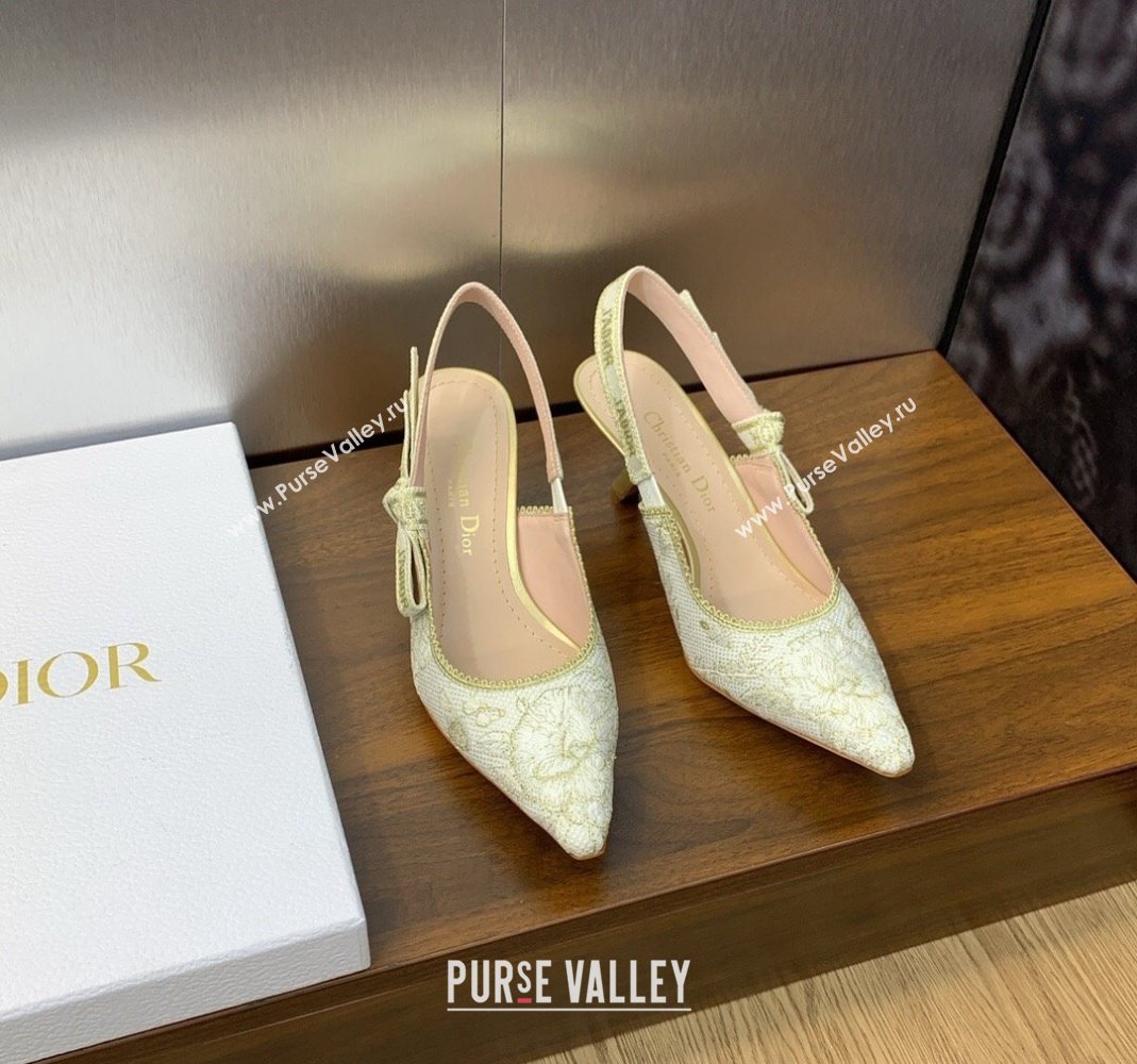 Dior JAdior Slingback Pumps 6.5cm in White and Gold-Tone Toile de Jouy Mexico Embroidered Cotton with Metallic Thread 2023 (JC-2