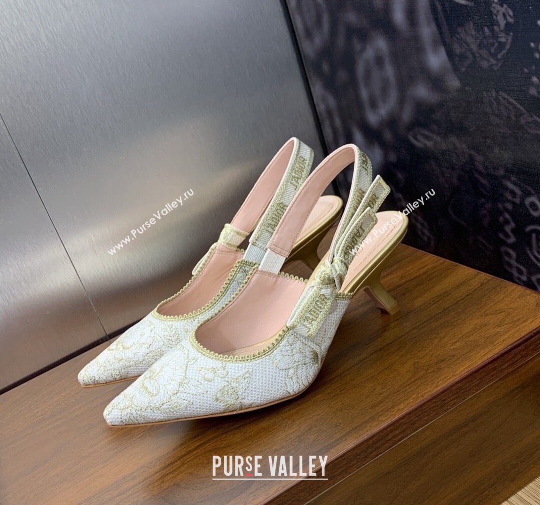 Dior JAdior Slingback Pumps 6.5cm in White and Gold-Tone Toile de Jouy Mexico Embroidered Cotton with Metallic Thread 2023 (JC-2