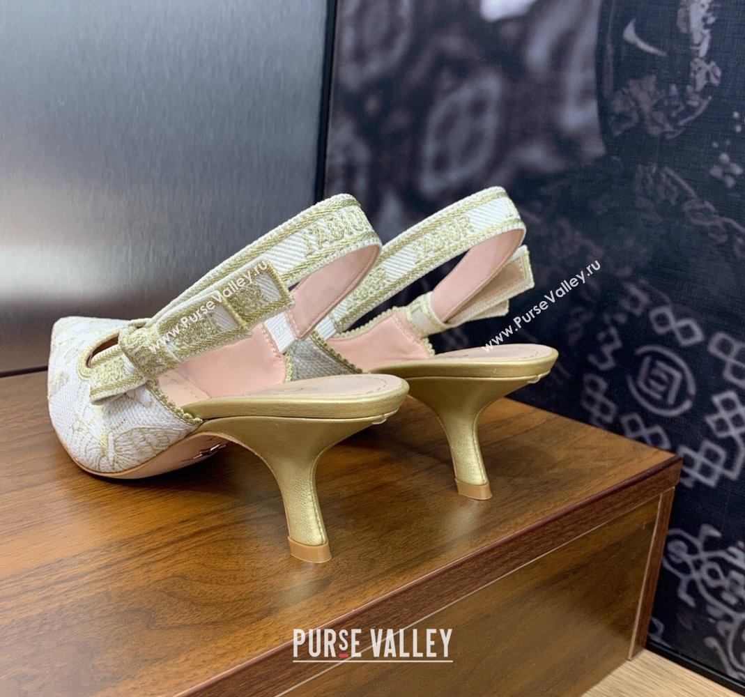 Dior JAdior Slingback Pumps 6.5cm in White and Gold-Tone Toile de Jouy Mexico Embroidered Cotton with Metallic Thread 2023 (JC-2