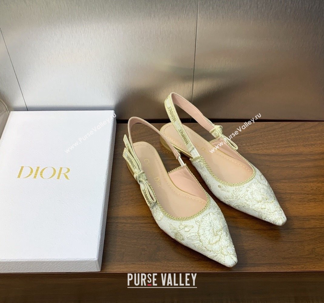 Dior JAdior Slingback Ballet Flat in White and Gold-Tone Toile de Jouy Mexico Embroidered Cotton with Metallic Thread 2023 (JC-2