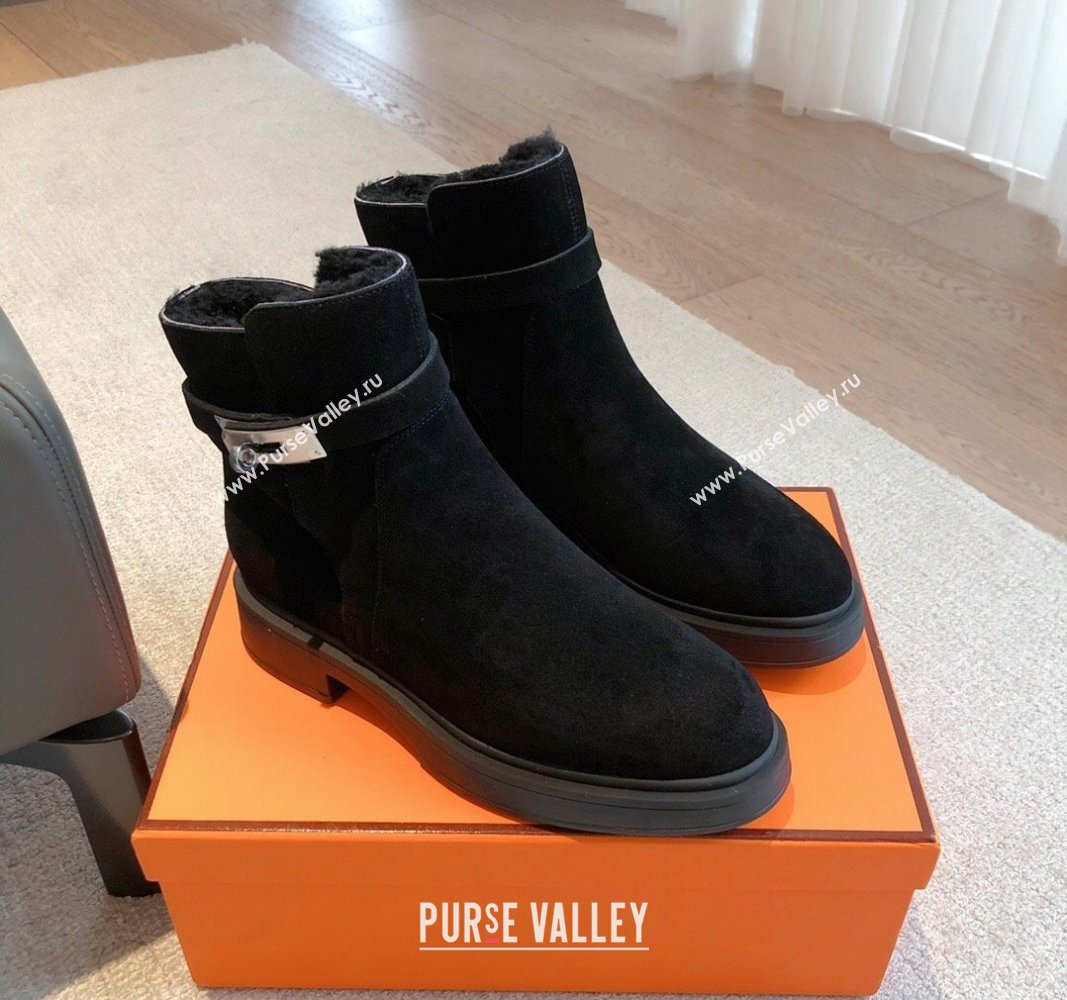 Hermes Veo Ankle Boots in Suede and Shearling with Kelly Buckle Black 2023 (XC-231215010)