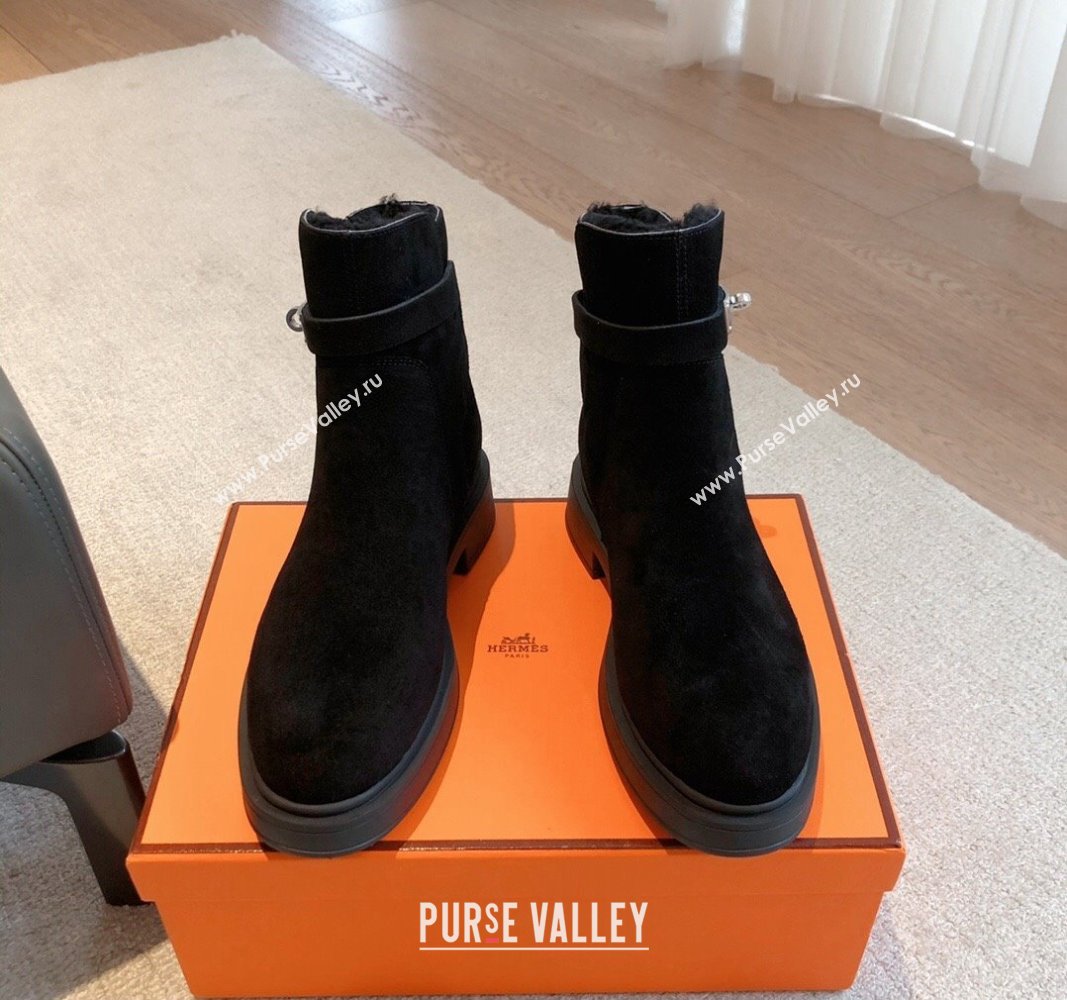 Hermes Veo Ankle Boots in Suede and Shearling with Kelly Buckle Black 2023 (XC-231215010)