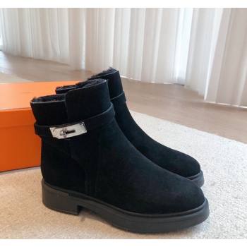 Hermes Veo Ankle Boots in Suede and Shearling with Kelly Buckle Black 2023 (XC-231215010)