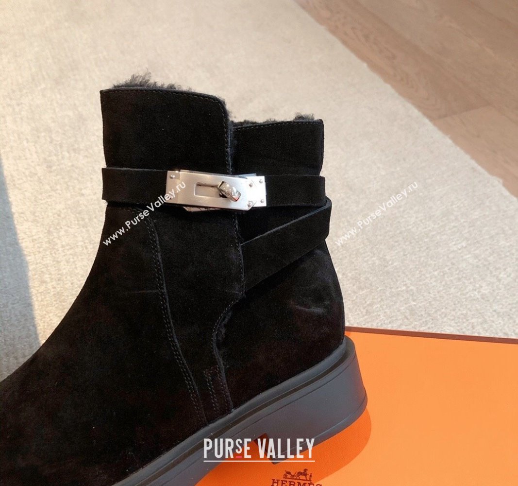 Hermes Veo Ankle Boots in Suede and Shearling with Kelly Buckle Black 2023 (XC-231215010)