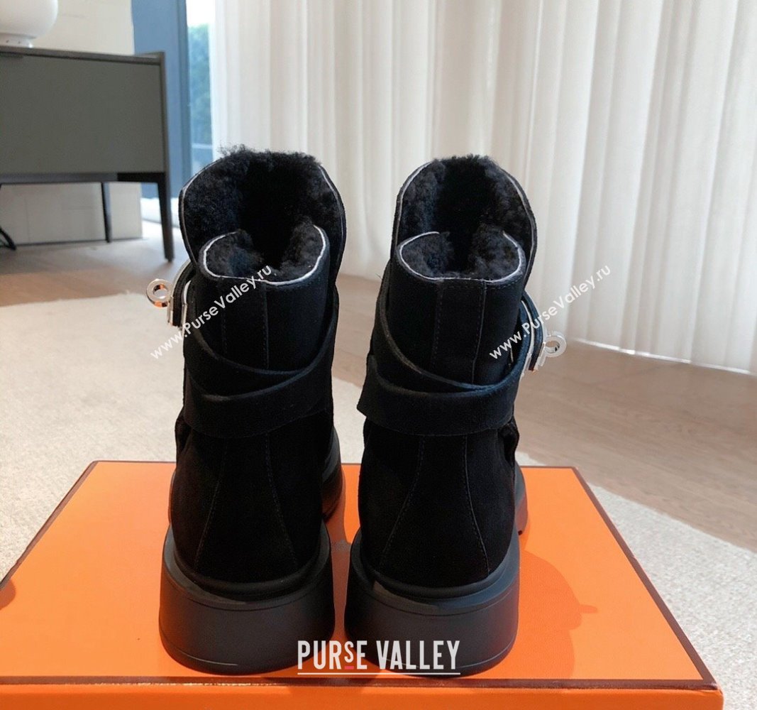 Hermes Veo Ankle Boots in Suede and Shearling with Kelly Buckle Black 2023 (XC-231215010)