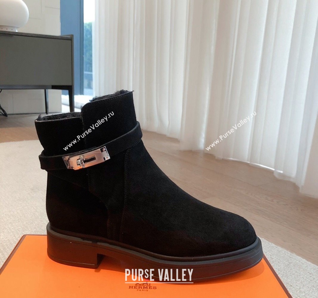 Hermes Veo Ankle Boots in Suede and Shearling with Kelly Buckle Black 2023 (XC-231215010)