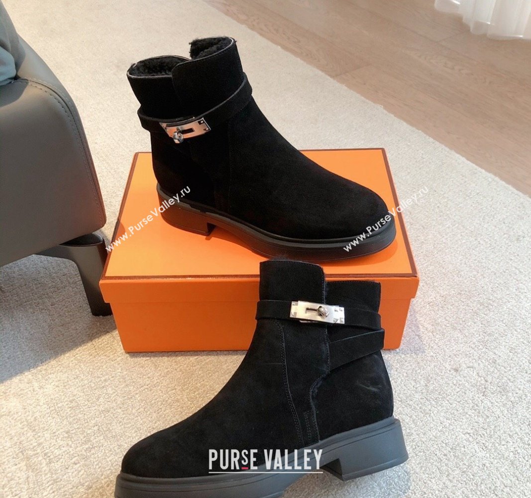 Hermes Veo Ankle Boots in Suede and Shearling with Kelly Buckle Black 2023 (XC-231215010)